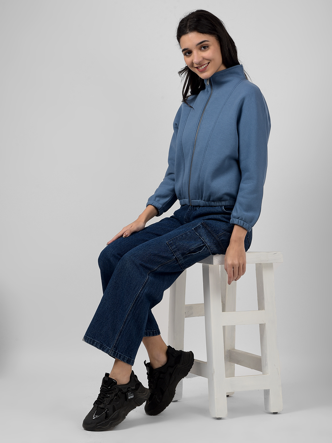 Numero Uno Women Pigeon Blue Mock Neck Sweatshirts